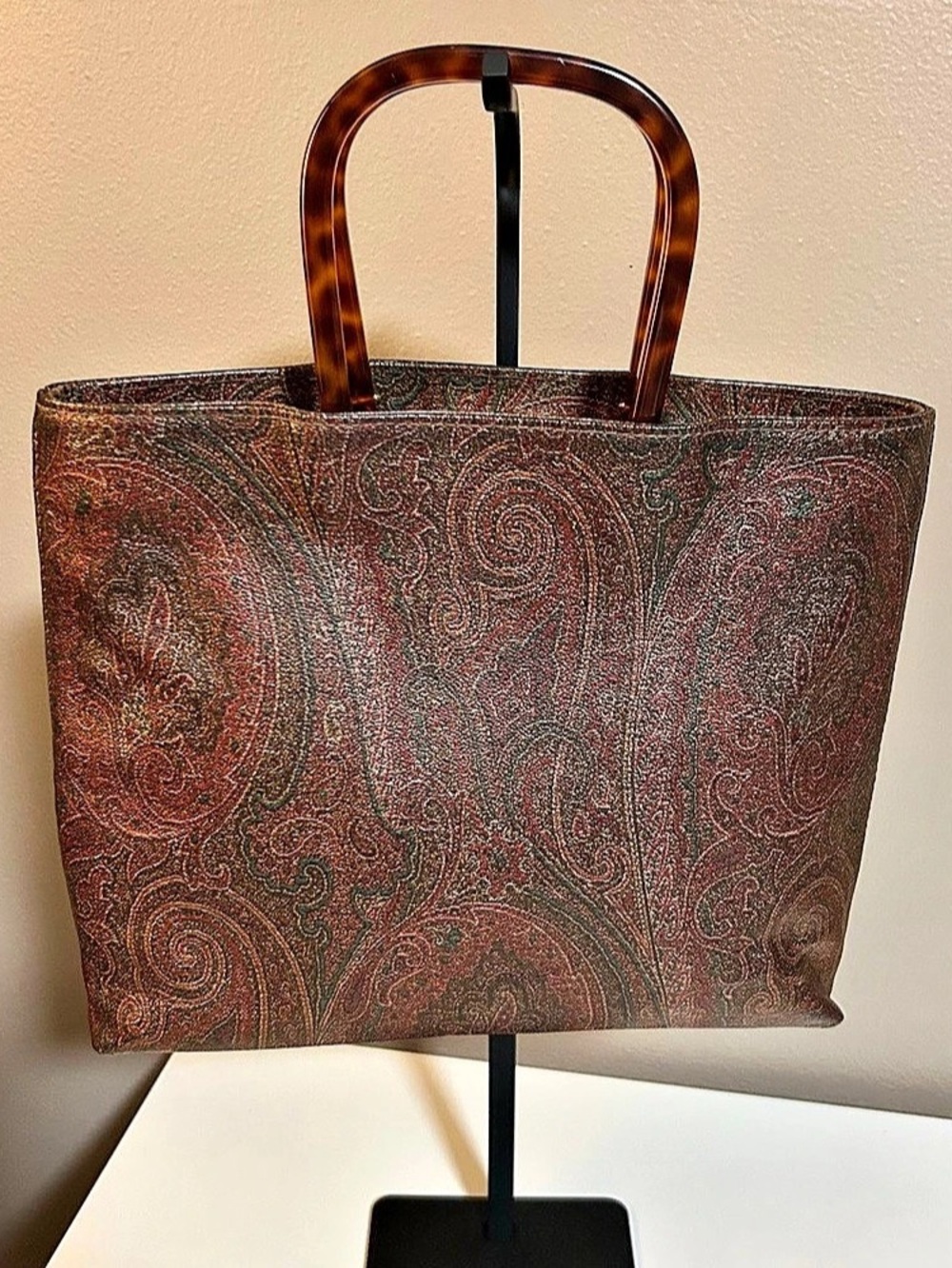 Etro Milano Paisley Coated Canvas Tote Bag with Tortoiseshell Handles Brown